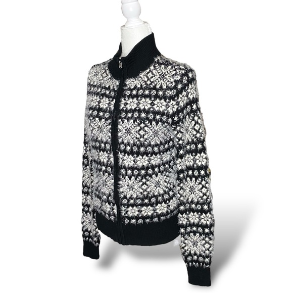 Lauren Ralph Lauren Active Eyelash Sweater Full Zip Fair Isle Black Soft White - Picture 3 of 7